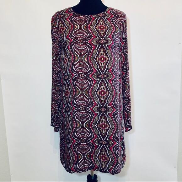 Prana maroon geometric print long sleeve shift dress size Small - Picture 1 of 10